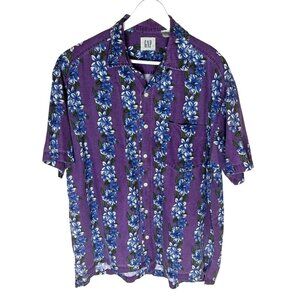 Vintage 90s Y2K Gap Purple Floral Hawaiian Shirt, Linen-Blend, Size Medium
